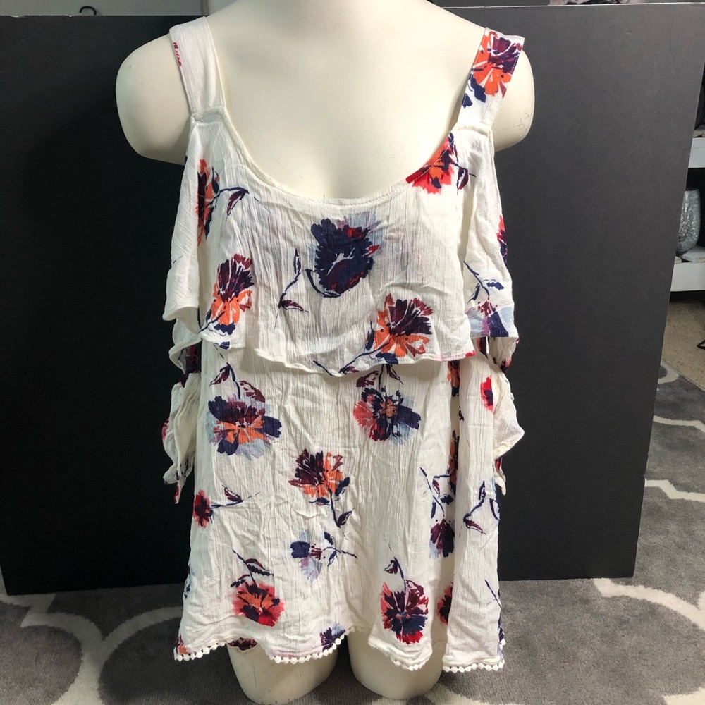 Maurices Blouse Women Size 3x White Cold Shoulder Watercolor Floral Layered Top